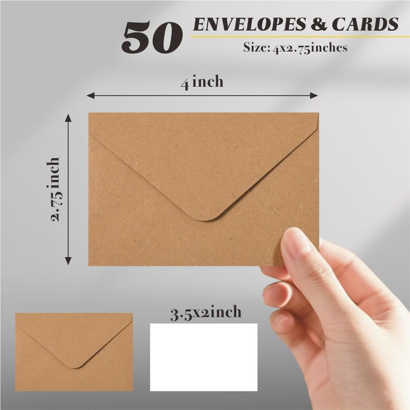 Keketer 50 Sets Kraft Mini Envelopes with Blank Gift Cards, Business & Note Cards - Wedding Invitation, Graduation, Holiday Pocket Envelopes 4x2.75" Bulk for Party Favors & Scrapbooking - Image 2